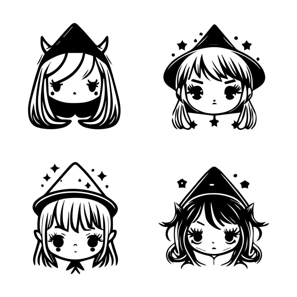 cute kawaii spooky witch head collection set hand drawn line art illustration vector