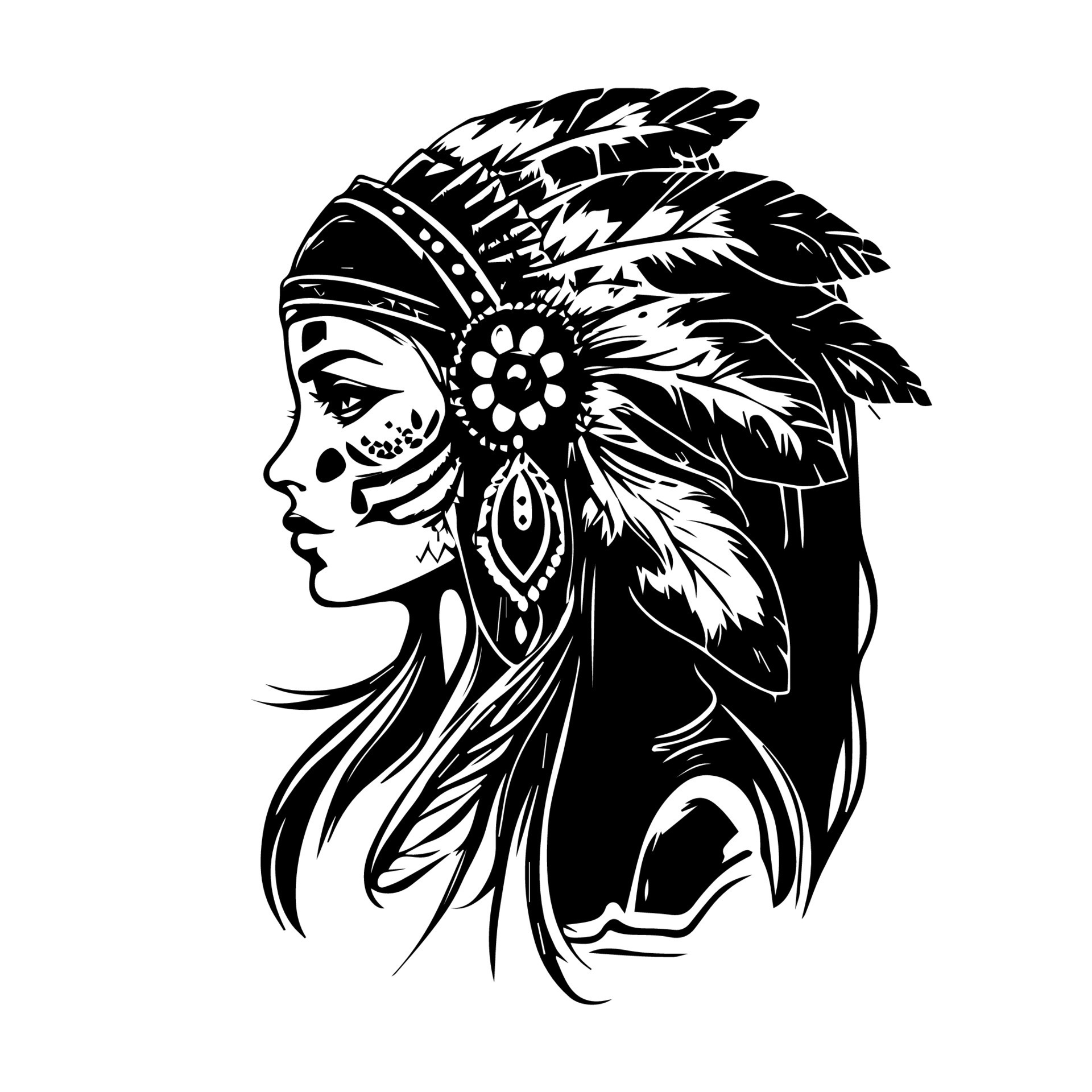 beautiful girl wearing indian chief head hand drawn illustration