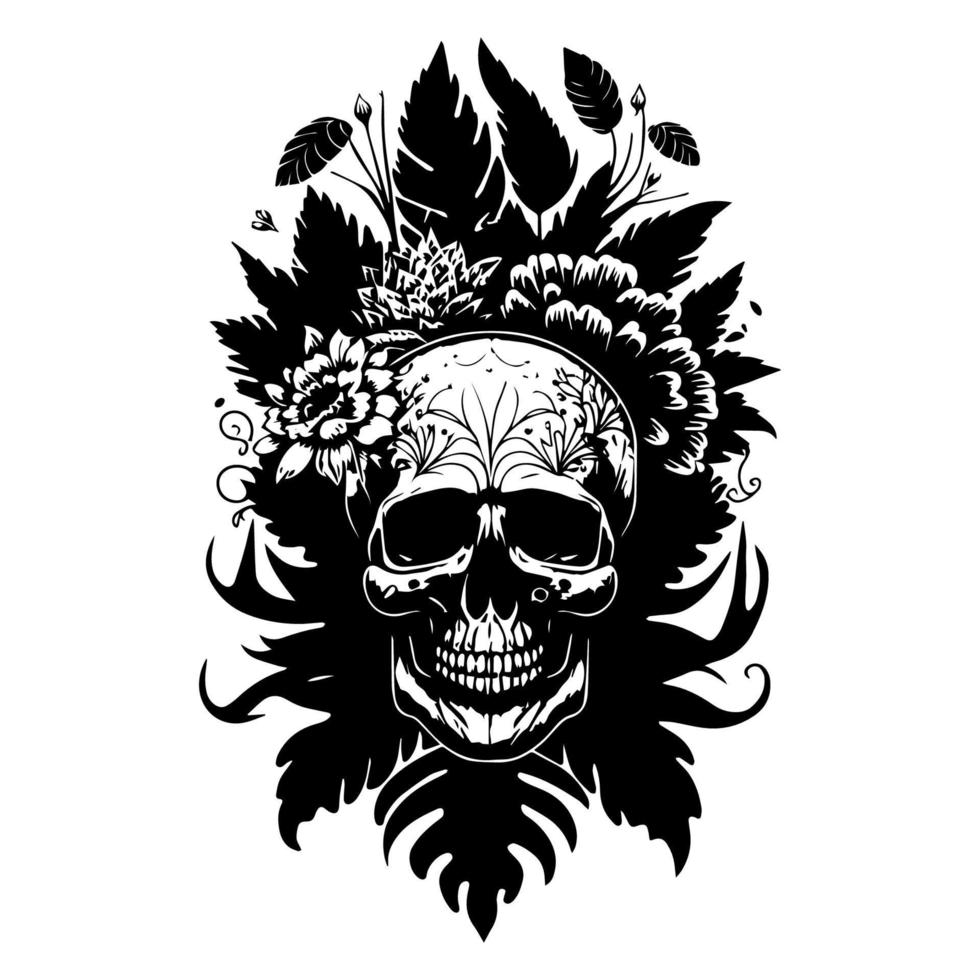 skull head with flower and leaf line art hand drawn illustration vector