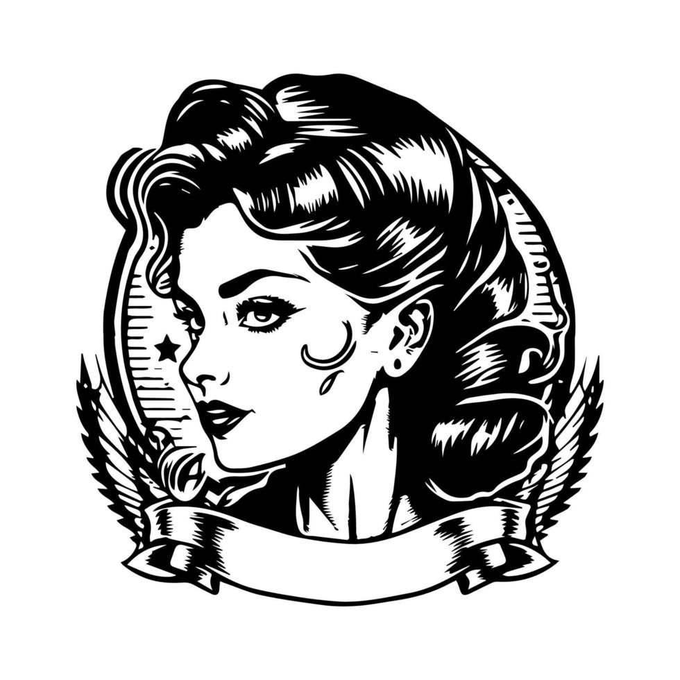 beautiful girl tattoo design black and white hand drawn illustration vector