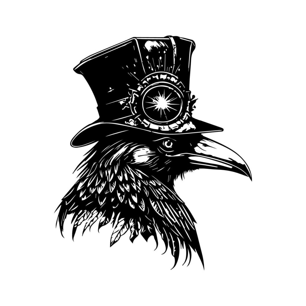 esta negro y blanco mano dibujado ilustración caracteristicas un tema steampunk cuervo, un Perfecto adición a tu oscuro y nervioso diseño proyectos vector