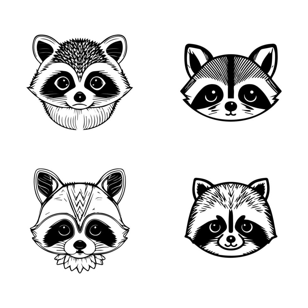 A charming collection of Hand drawn line art illustrations featuring cute anime raccoon head logos. Perfect for adding a touch of cuteness to any project vector