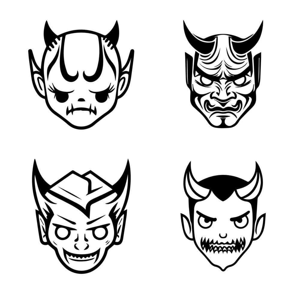 A set of cute kawaii Hannya masks, Hand drawn with clean line art. Each design features the iconic expression illustration vector