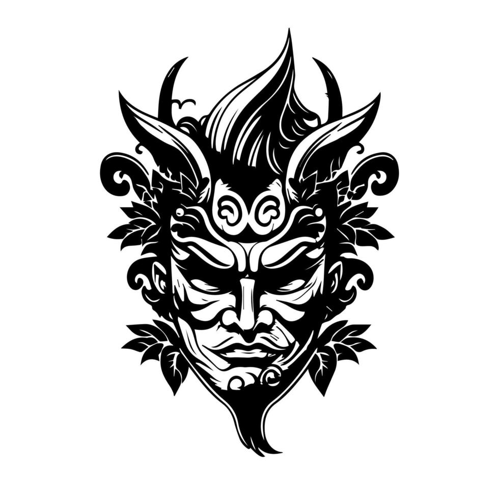 Captivating and intricate Hand drawn line art illustration of a Japanese mask, evoking a sense of mystery and traditional beauty vector