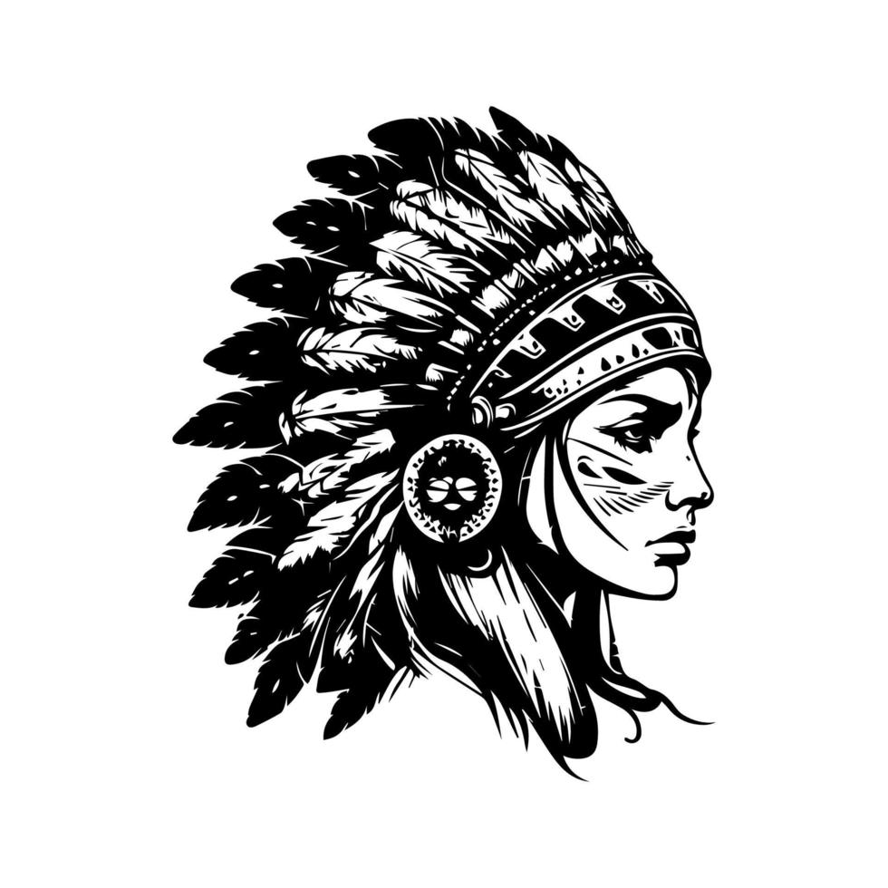 A stunning Hand drawn illustration of a beautiful girl wearing an Indian chief headpiece, with intricate details and shading vector