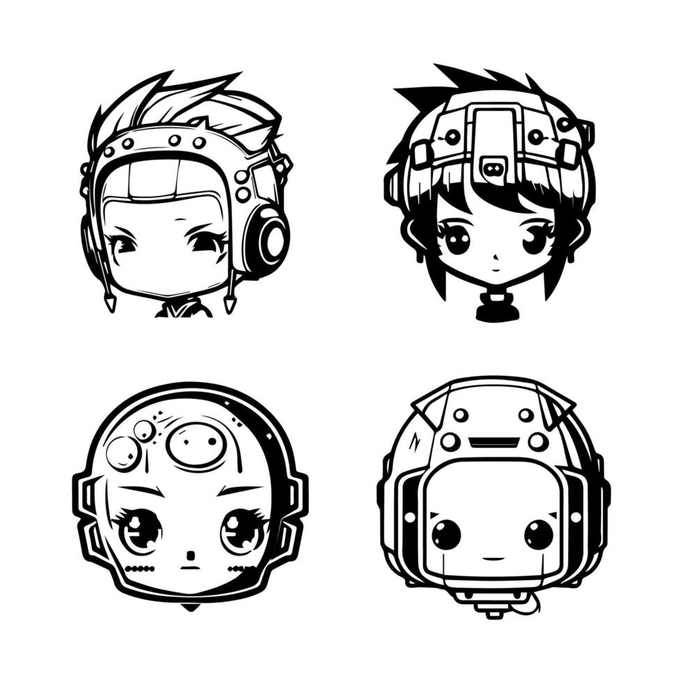 cute anime cyborg kids collection set hand drawn illustration vector