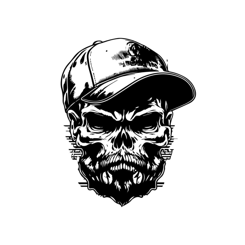 A cool and edgy Hand drawn illustration of a skull with a gangster vibe, sporting a casual hat and style. Perfect for a rebellious design vector