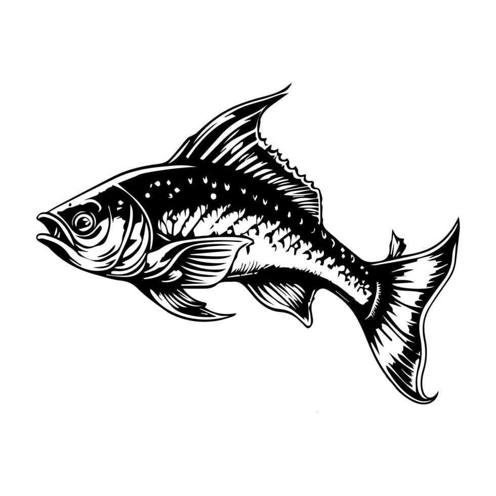 black and white fish line art hand drawn illustration vector