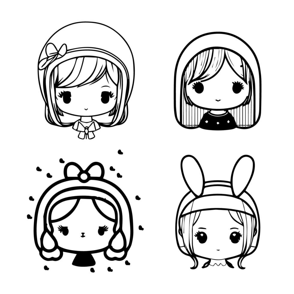 cute girl wearing rabbit hat collection set hand drawn illustration vector