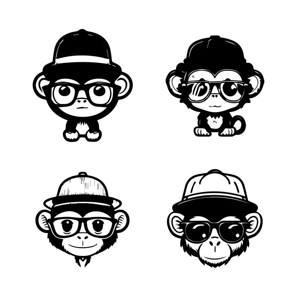 cute monkey wearing sunglass logo collection set hand drawn illustration vector