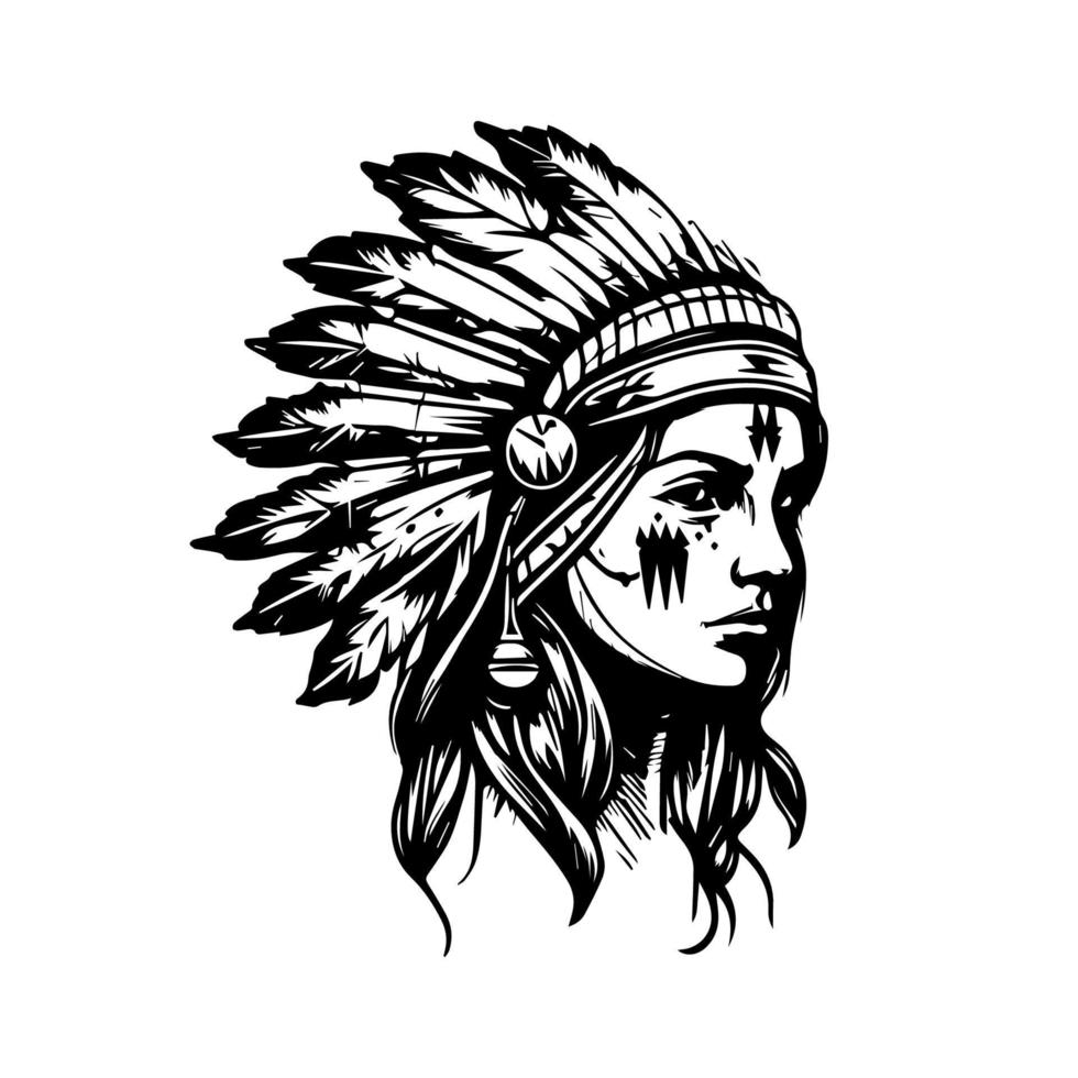 beautiful girl wearing indian chief head hand drawn illustration vector