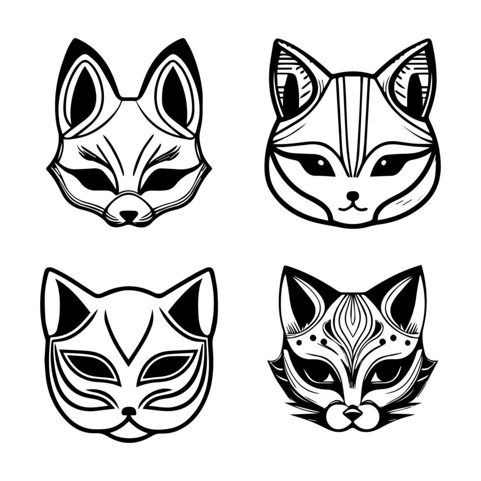 Enchanting and mystical Hand drawn collection set of cute Japanese kitsune masks, evoking a sense of traditional folklore and fox magic vector