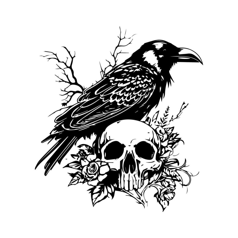 Striking and ominous Hand drawn line art illustration of a crow in a skull head, showcasing a fusion of the natural and the macabre vector