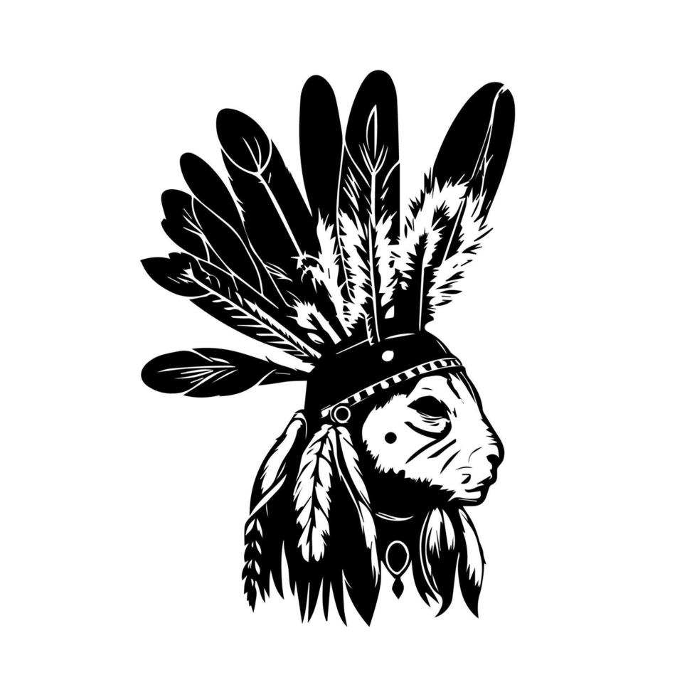 Hand drawn illustrations of a cute rabbit wearing traditional Indian native american vector