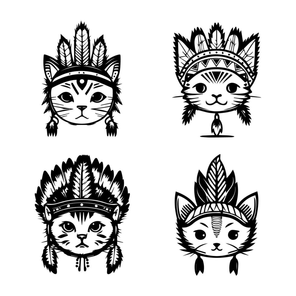 This collection of cute kawaii cat head logos is purr-fectly accented with Indian chief accessories. Hand drawn with love vector