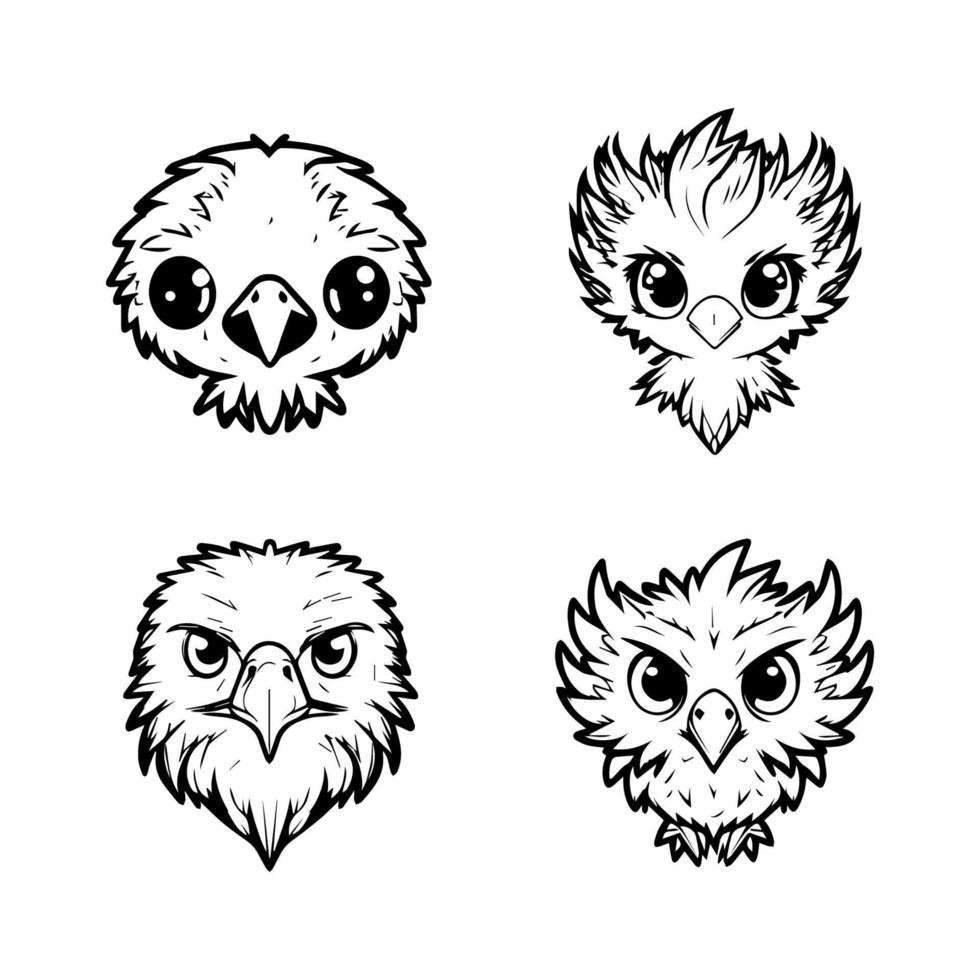 A collection set of cute anime eagle head logo designs, featuring various Hand drawn line art illustrations perfect for any creative project vector