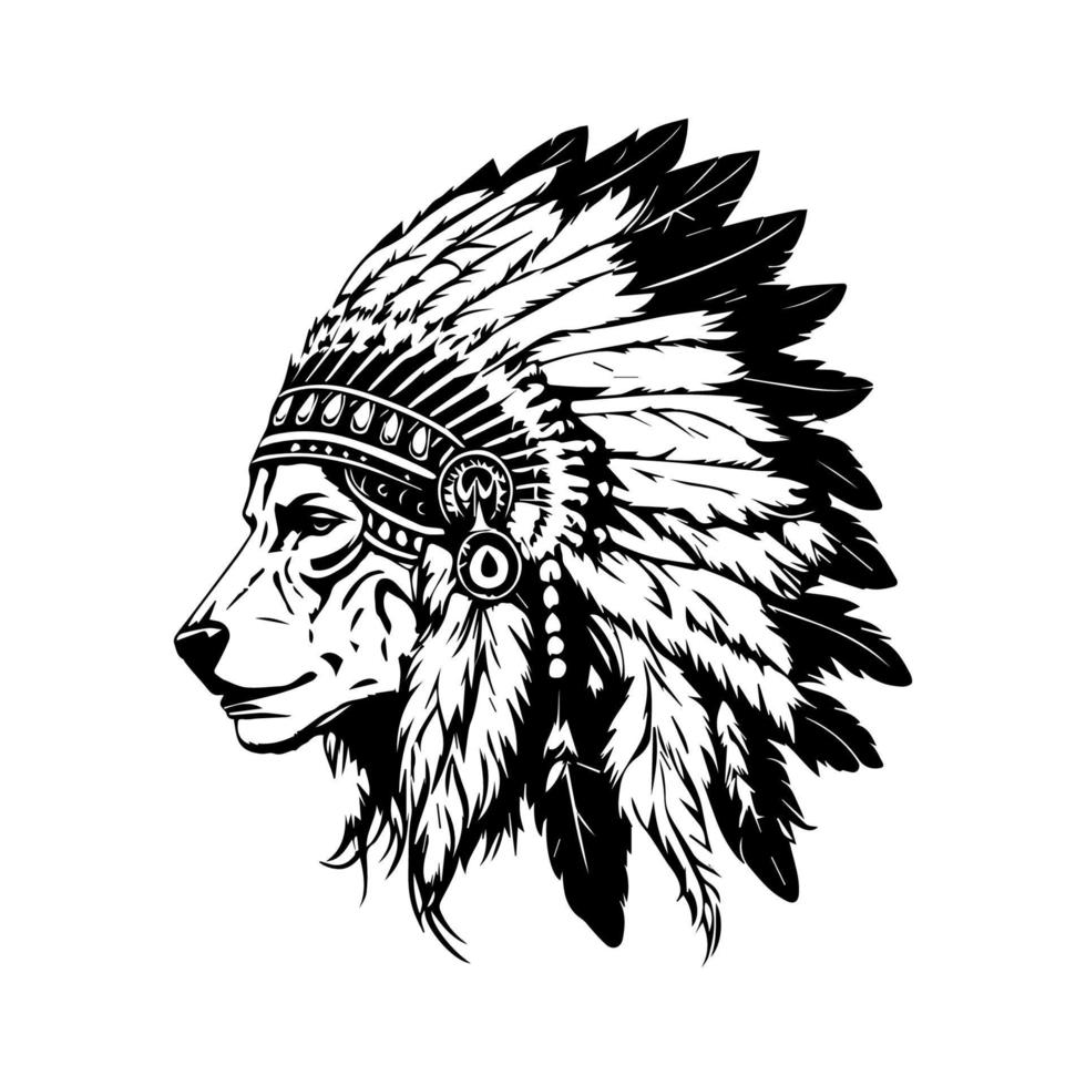 A collection of Hand drawn illustrations featuring a wolf wearing Indian chief head accessories. The designs are black and white and showcase the wolf with feathers, headdress, and tribal adornments vector