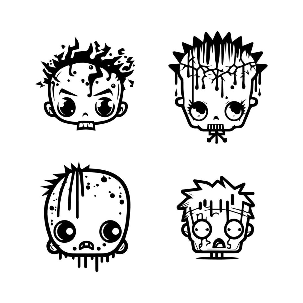 cute kawaii zombie head collection set hand drawn illustration vector