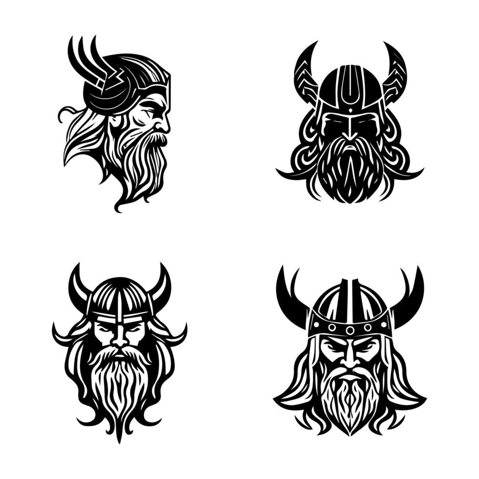 explorar el feroz y audaz espíritu de antiguo Escandinavia con esta vikingo cabeza logo silueta colección colocar, mano dibujado para un único toque vector