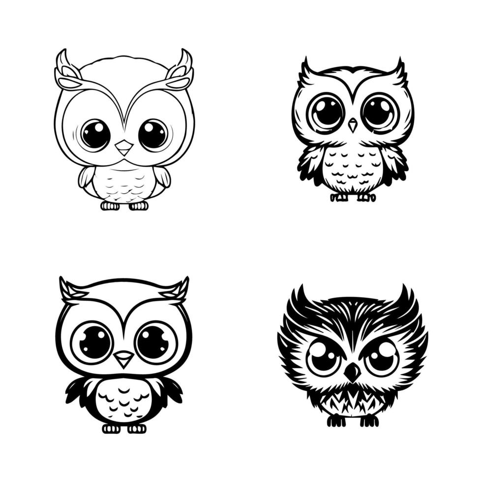 A collection of cute and charming Hand drawn illustrations of kawaii owls, perfect for adding a touch of whimsy to any project or design vector