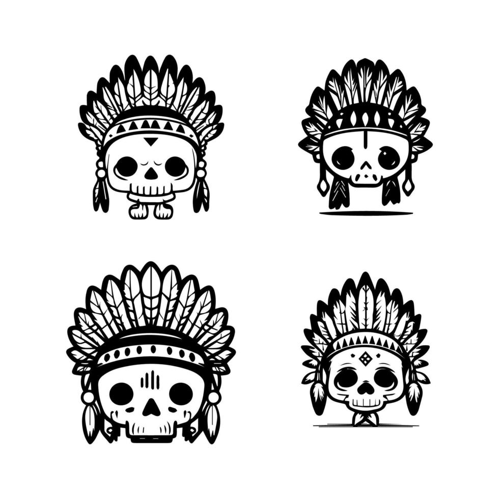 Add a touch of edgy cuteness to your project with our cute kawaii skull head logo wearing Indian chief accessories collection vector