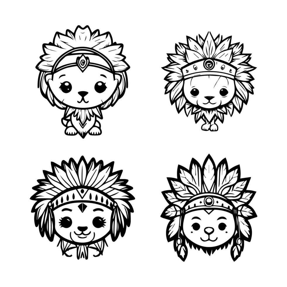 Roar with cuteness. Our kawaii lion head wearing Indian chief accessories collection is here. Hand drawn with love, these illustrations are sure to add a playful touch to your project vector