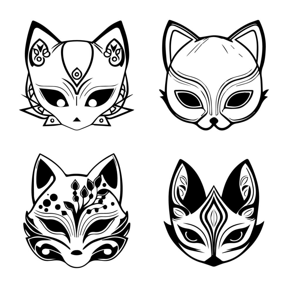 Enchanting and mystical Hand drawn collection set of cute Japanese kitsune masks, evoking a sense of traditional folklore and fox magic vector