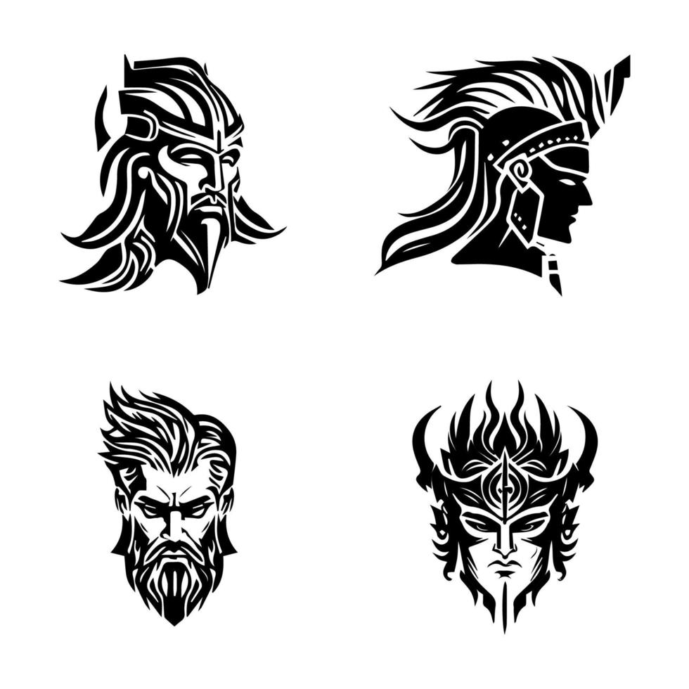 un colección conjunto de medieval guerrero logo siluetas, mano dibujado ilustraciones exhibiendo diferente feroz y poderoso guerreros vector