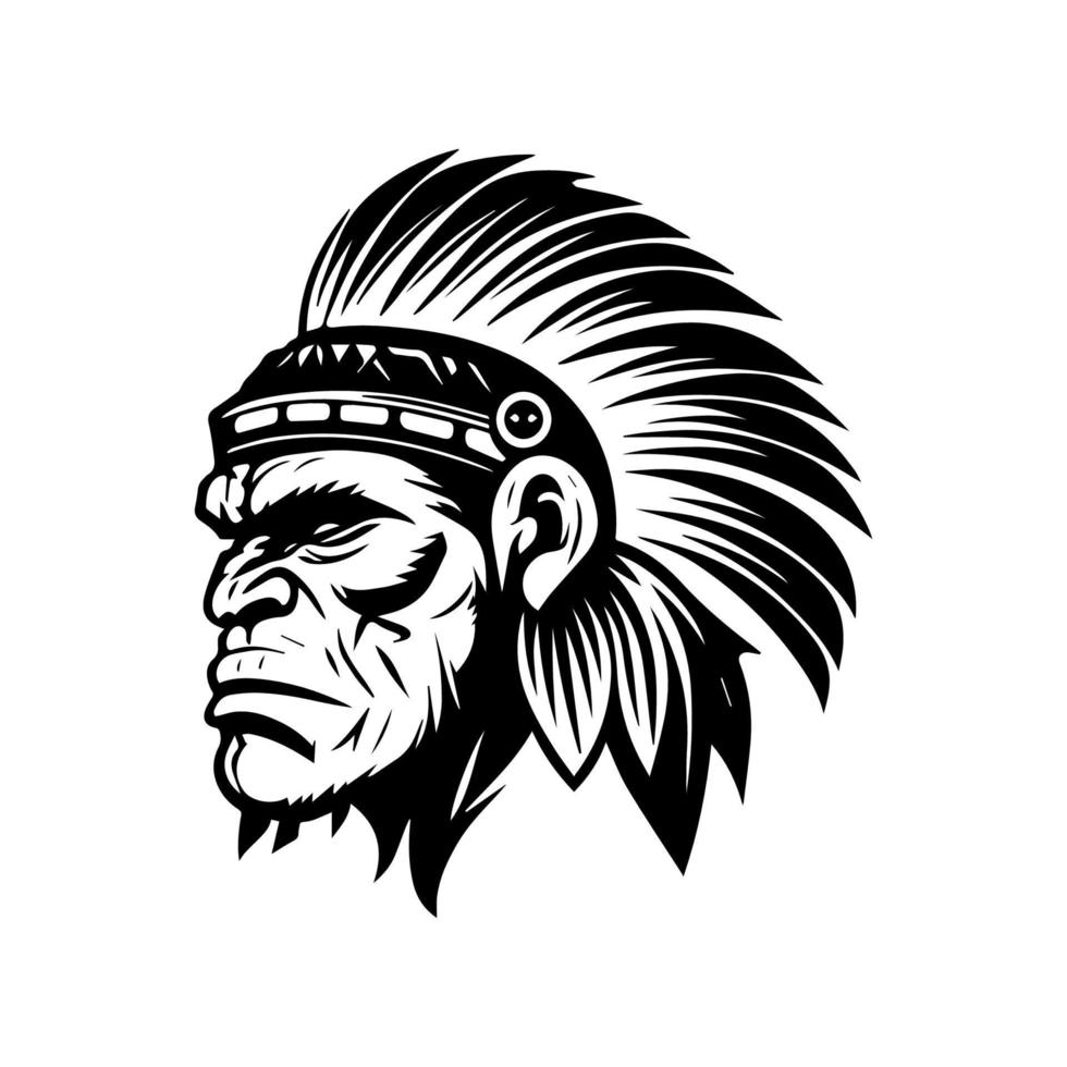 Get wild with our hand-drawn collection set of gorillas wearing Indian chief head accessories. A unique and bold addition to any design project vector