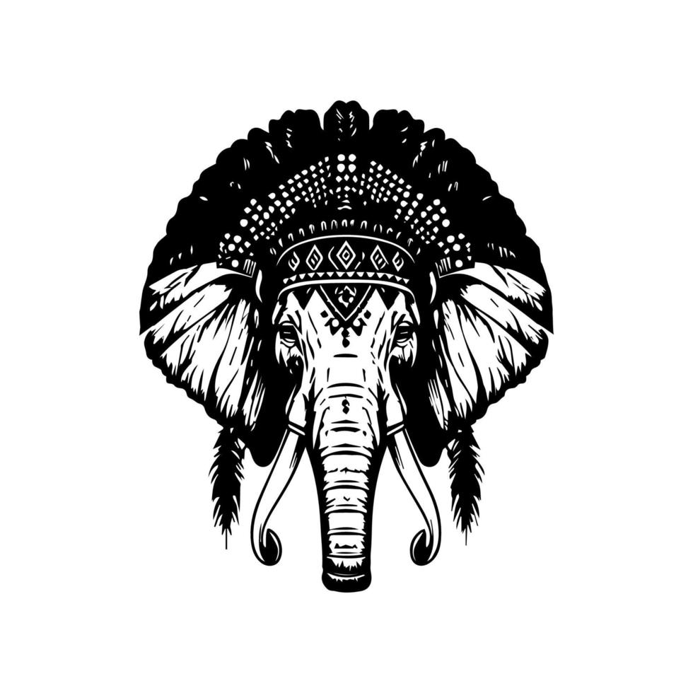 An intricate Hand drawn illustration of an elephant's head in black and white line art sty vector