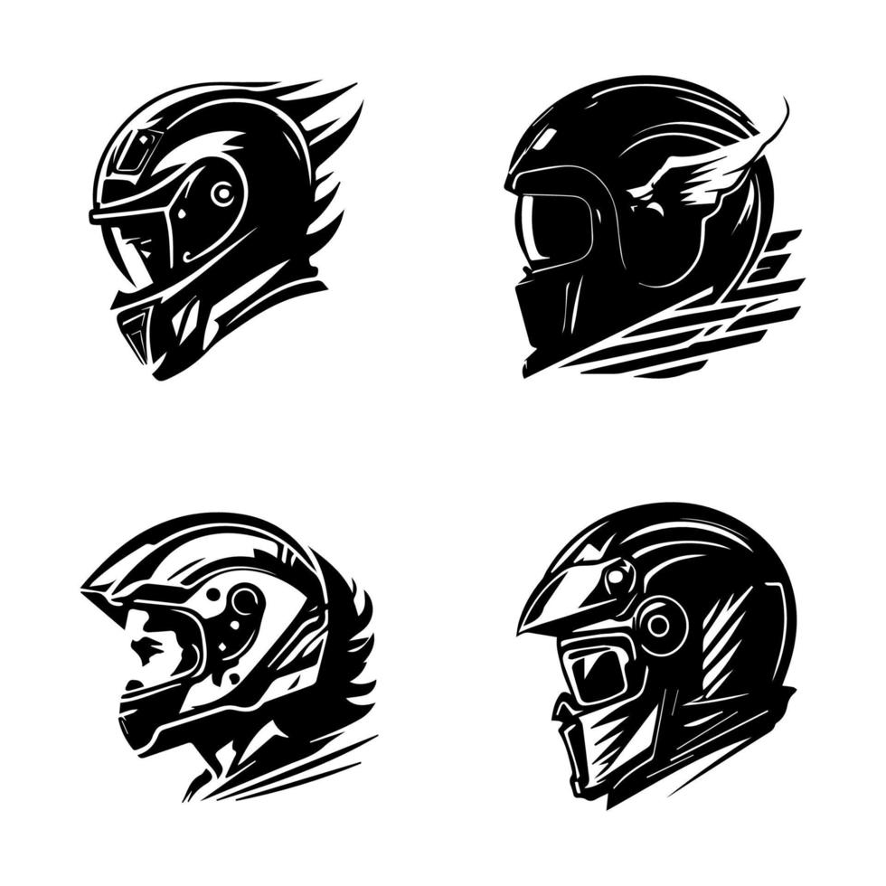 motorcycle biker helmet logo silhouette collection set hand drawn illustration vector