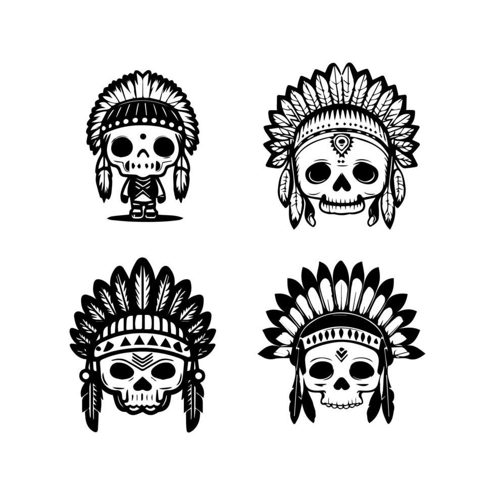 cute kawaii skull head logo wearing indian chief accessories collection set hand drawn illustration vector