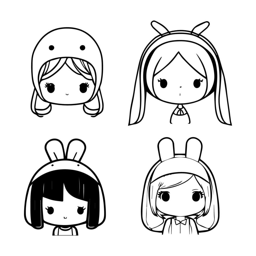 Sweet and playful Hand drawn collection set of cute girls wearing rabbit hats, evoking a sense of whimsy and charm vector