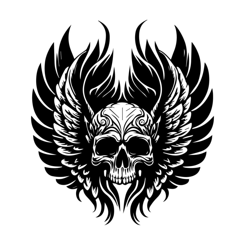 Bold and striking black and white Hand drawn illustration of a chicano skull with wings tattoo design, exuding power and edginess vector