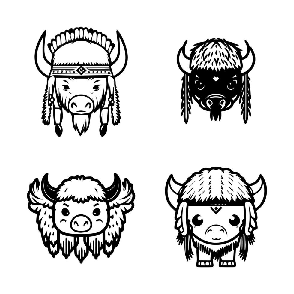 cute kawaii buffalo logo wearing indian chief accessories collection set hand drawn illustration vector