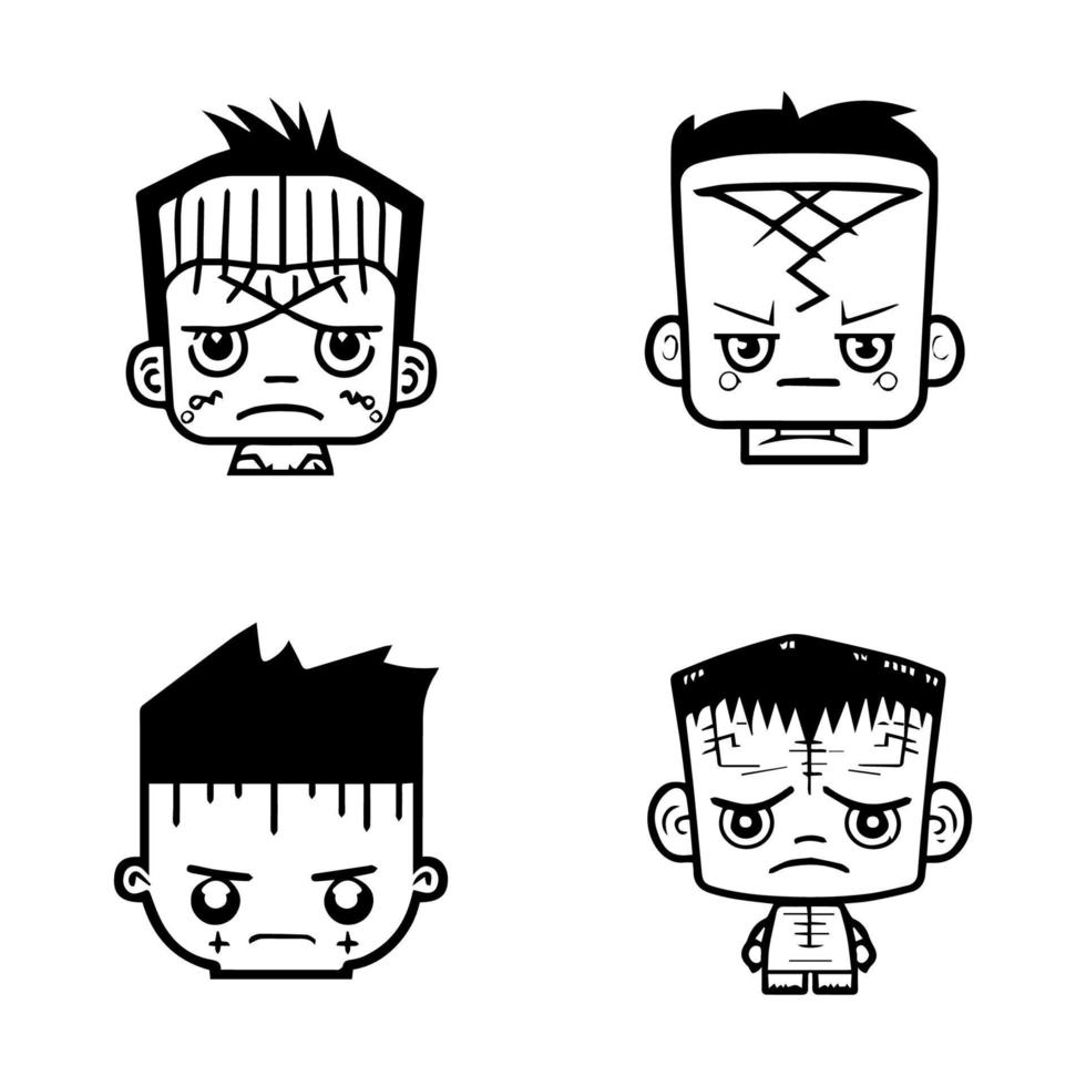 Whimsical and playful Hand drawn collection set of cute anime Frankenstein heads, showcasing the lovable side of this iconic monster vector