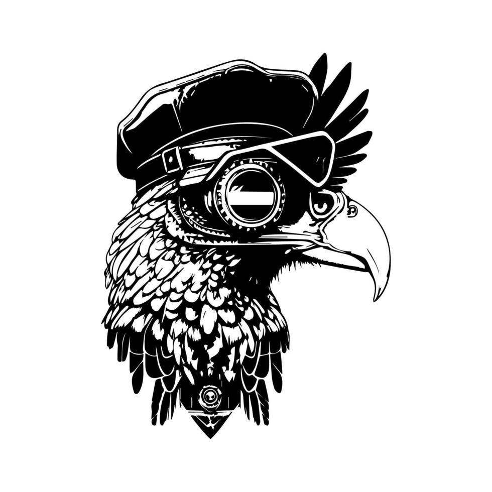 Unique and striking Hand drawn line art illustration of an eagle wearing a steampunk hat, showcasing a fusion of mechanical and natural elements vector