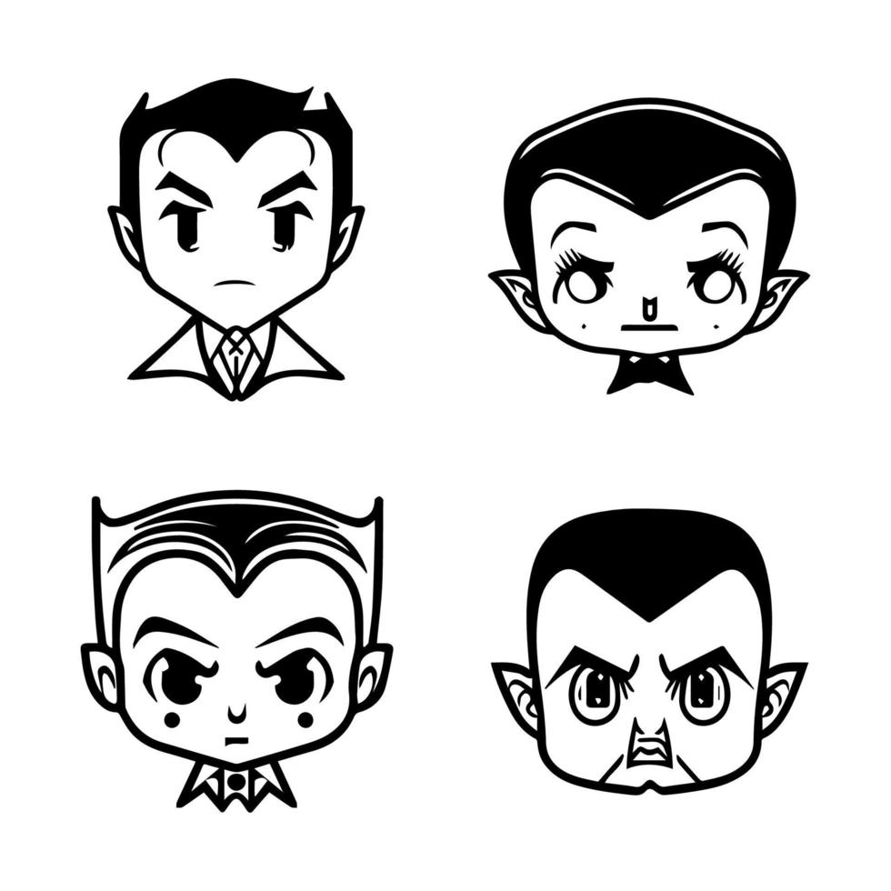 Charming and playful collection of Hand drawn line art illustrations featuring cute Dracula heads, perfect for Halloween or any occasion vector