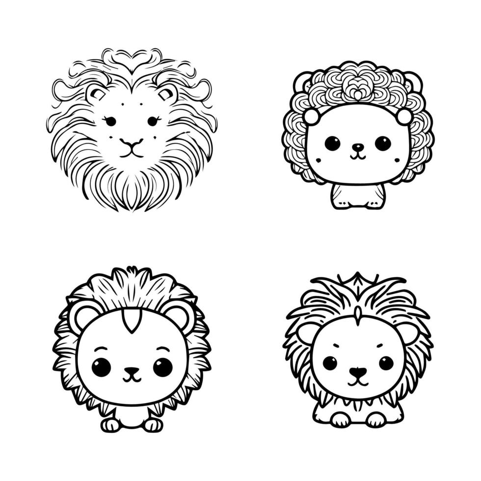 cute anime lion head collection set hand drawn line art illustration vector