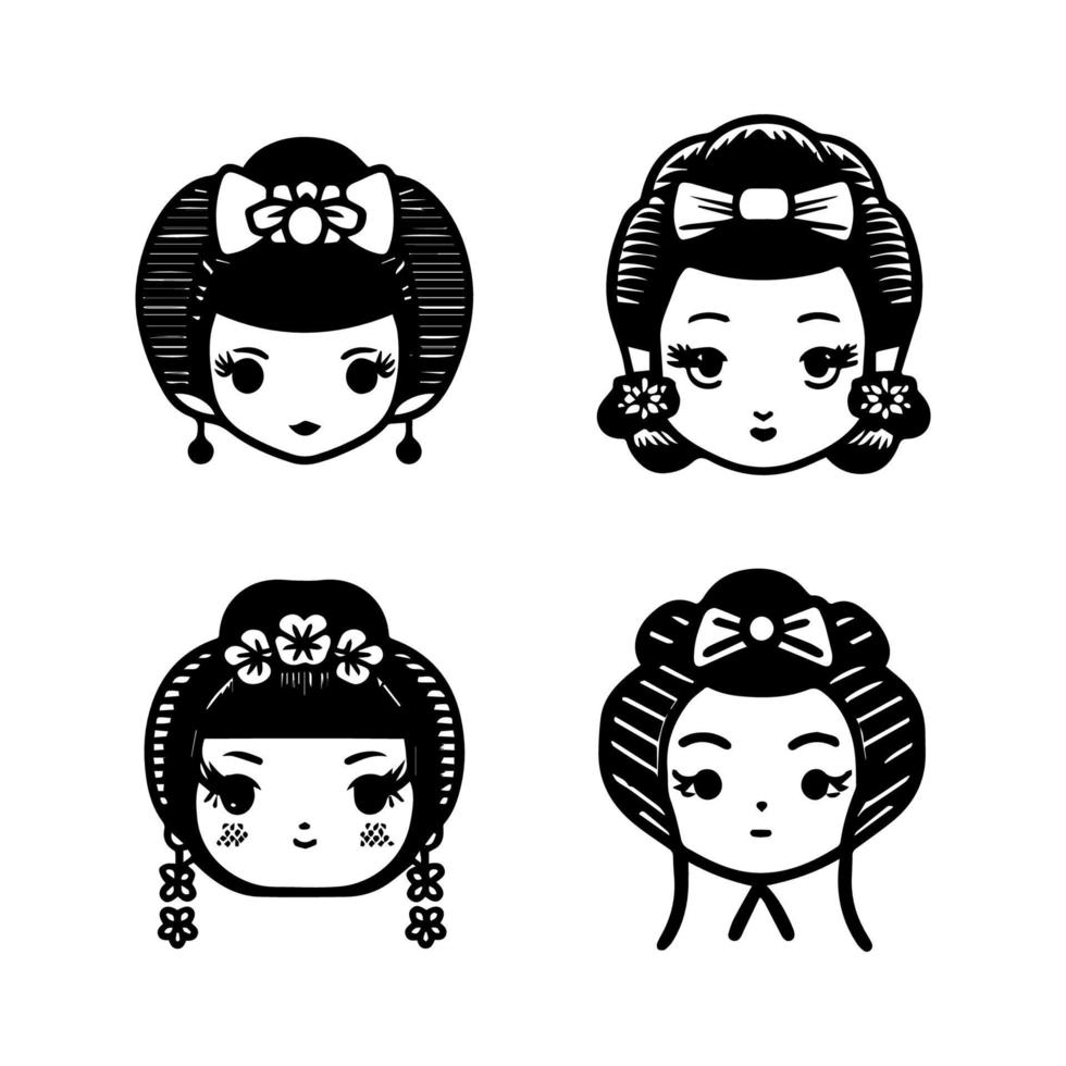 cute anime japanese geisha head kawaii collection set hand drawn illustration vector