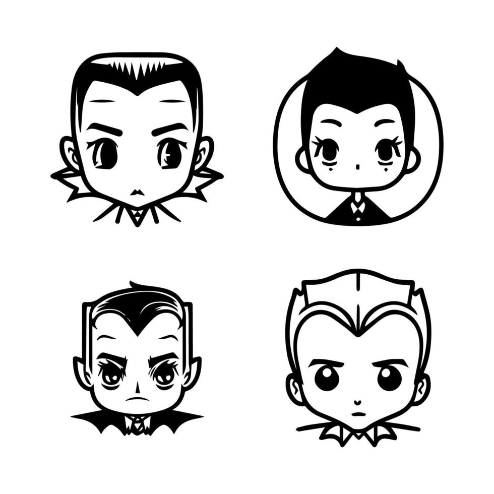 Charming and playful collection of Hand drawn line art illustrations featuring cute Dracula heads, perfect for Halloween or any occasion vector