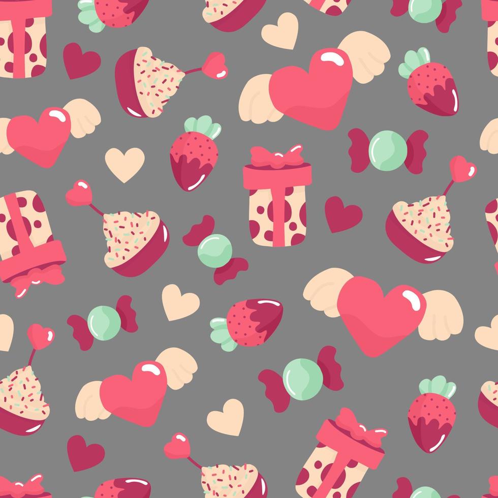 Seamless pattern with strawberry, cupcake, gift box, candy and heart. February 14, romantic day. On a dark gray background. vector