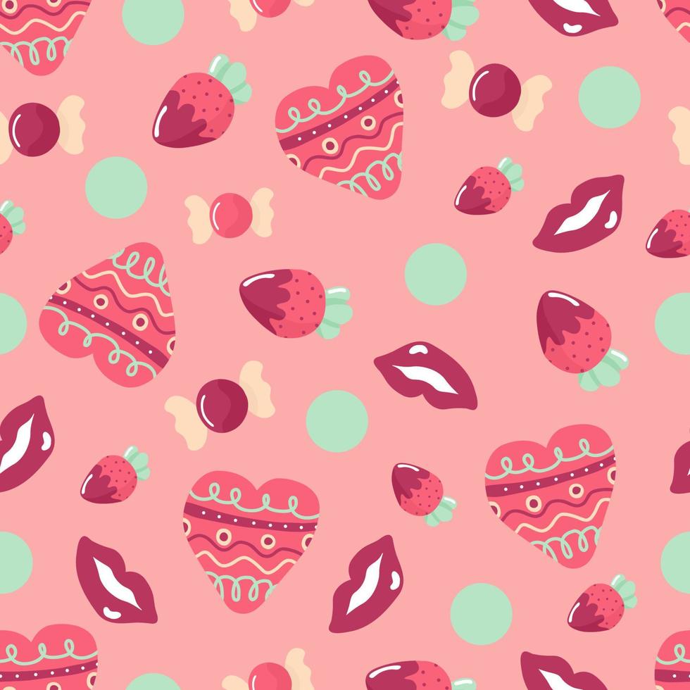 Seamless pattern for valentine's day. With the image of a heart, sweets, strawberries and red lips. In hand drown style. Bright pink background. vector