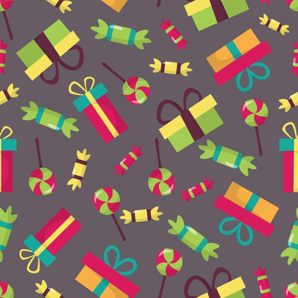 sin costura festivo modelo para un cumpleaños. con el imagen de regalo cajas, piruletas y dulces en vistoso color en un oscuro antecedentes. vector