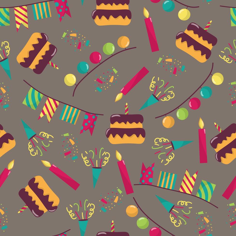 Seamless pattern for the holiday. With the image of a birthday cake, candles, garlands, confetti and festive crackers. In the style of hand draw, on a dark background. vector