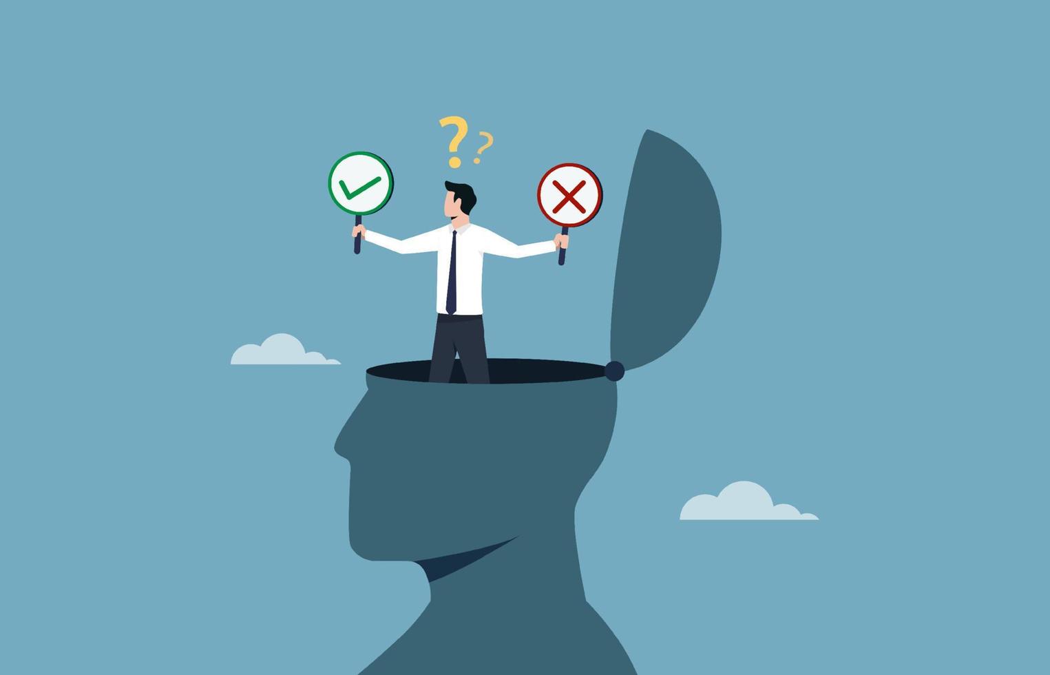 Businessman in the head making decision between right or wrong, solve a problem, decide and dilemma, decision making or logical thinking, correct or incorrect option, critical thinking vector