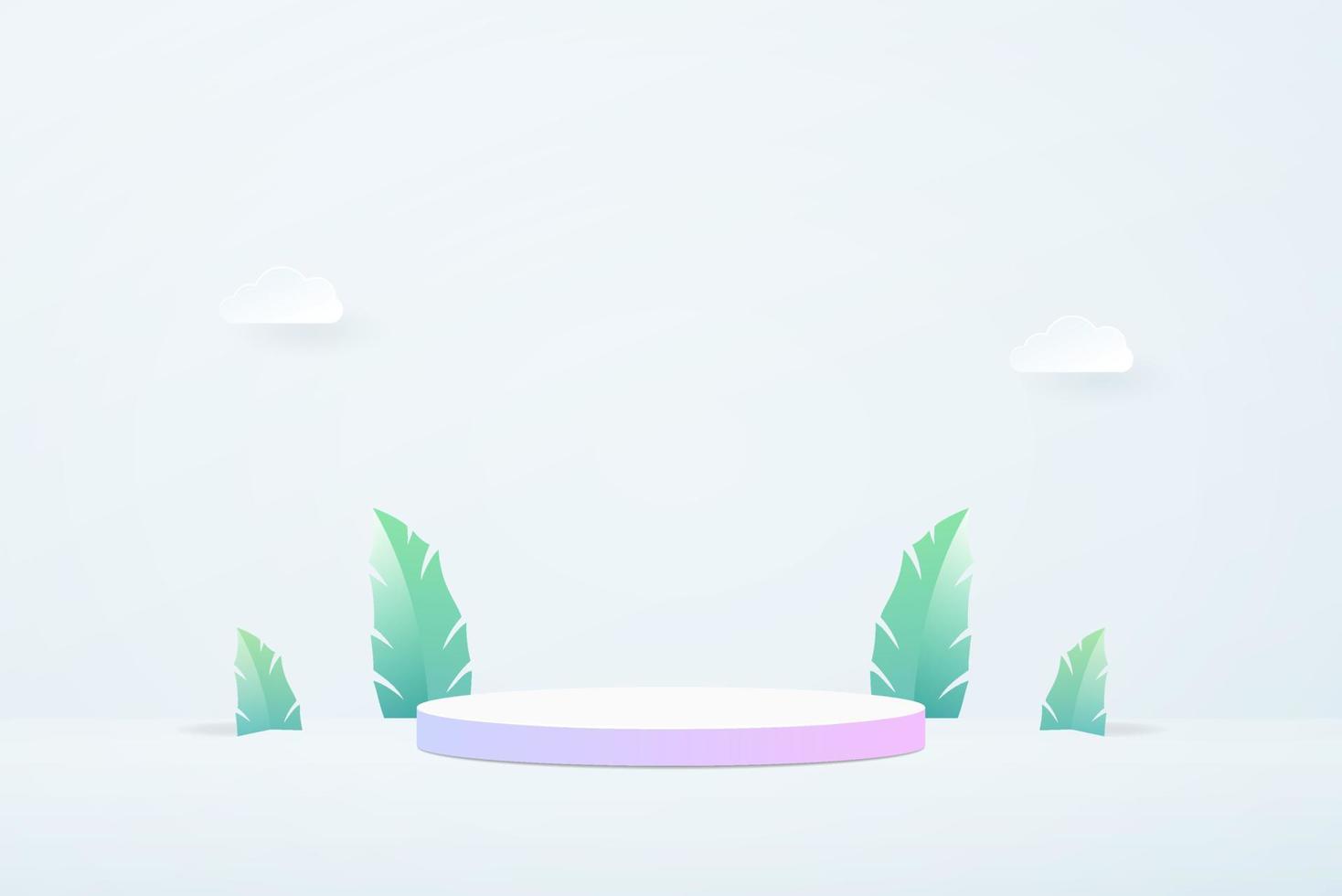 3d Pastel Purple and Pink Podium Showcase with Leaf and Clouds Paper Art Design. Vector illustration. Eps10