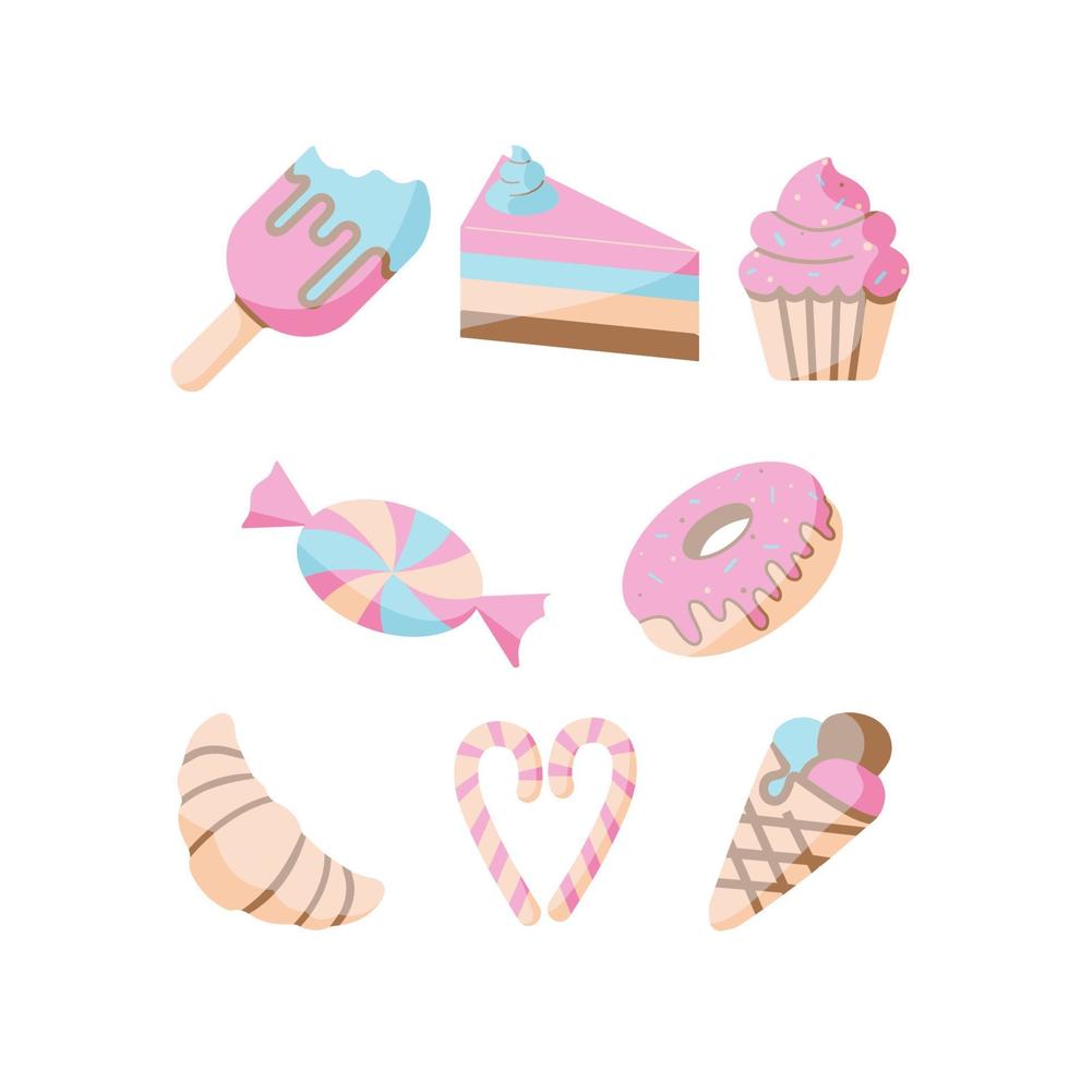 Set of icons with sweets, candies, ice cream, cake, cupcake, maffin, donat in flat style. vector