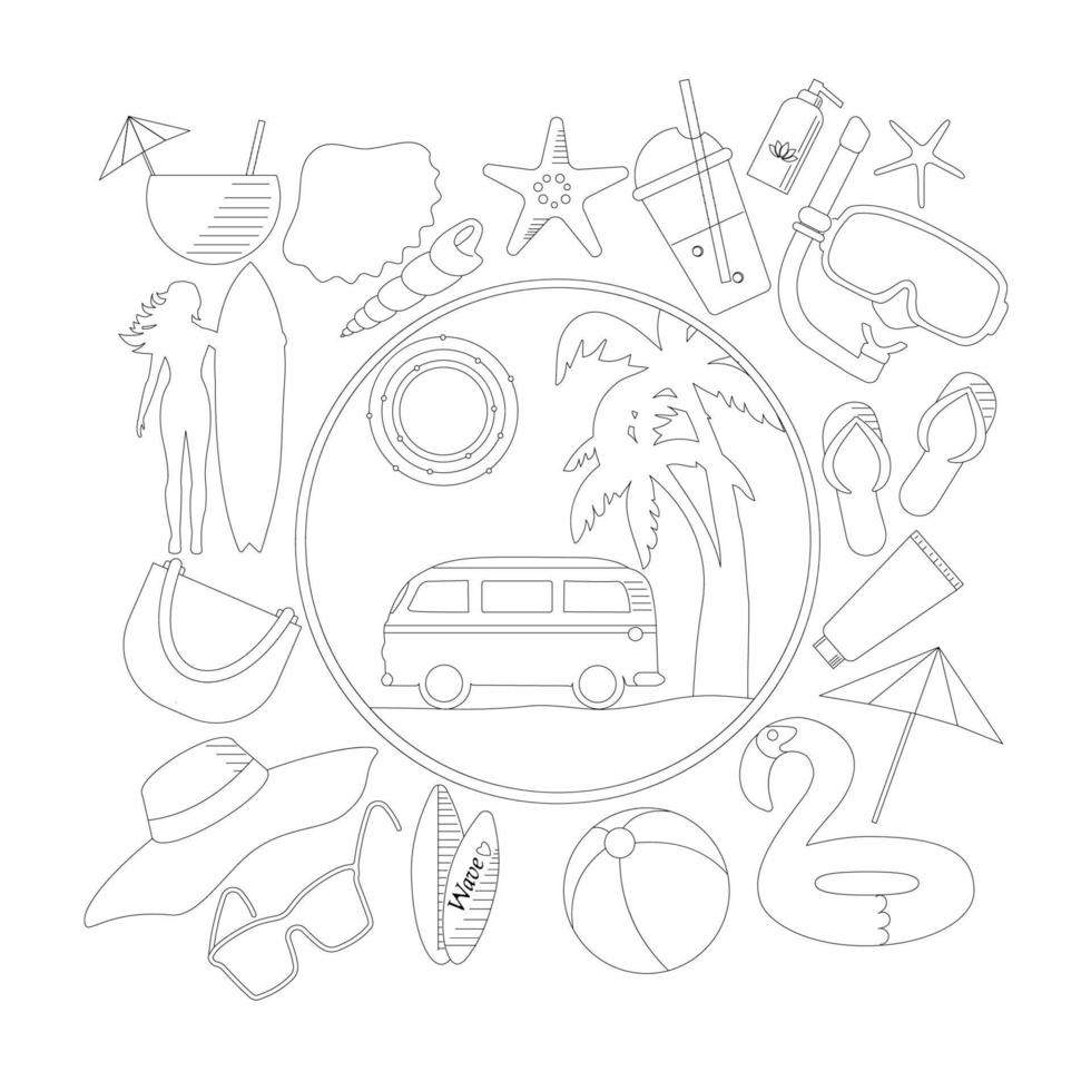 Line art summer icons set. Vector illustration. Isolated on white background.