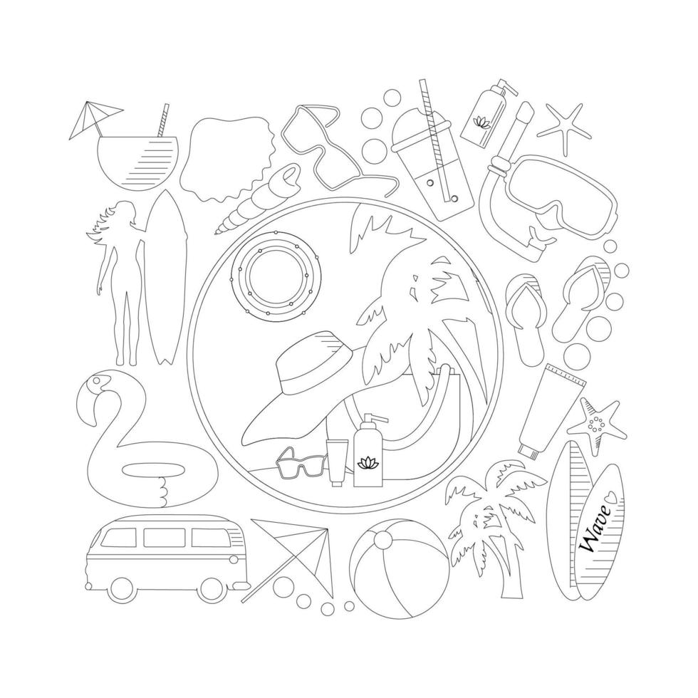 Hand drawn doodle summer icons set. Vector illustration. Isolated on white background.